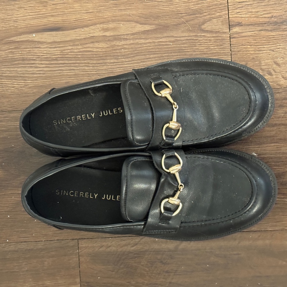 Black Platform Loafers with Gold Chain Detail